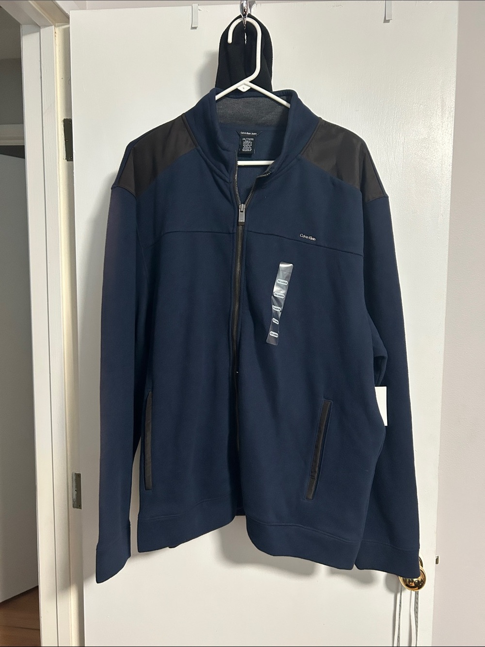 Calvin Klein Men's Navy Zip-Up Sweater Jacket with Black Shoulder Panels